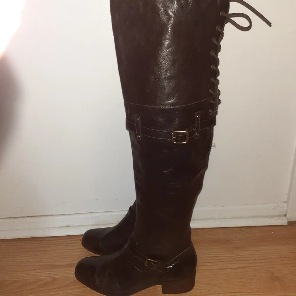 POUR LA VICTOIRE-Victorella-Over Knee Boots-Dk Brown Leather-Sz 7.5-Excellent